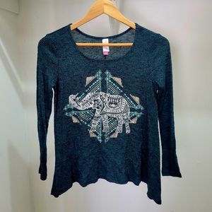 Women's No Boundaries Long Sleeve Semi Sheer Teal Elephant Top - Size S